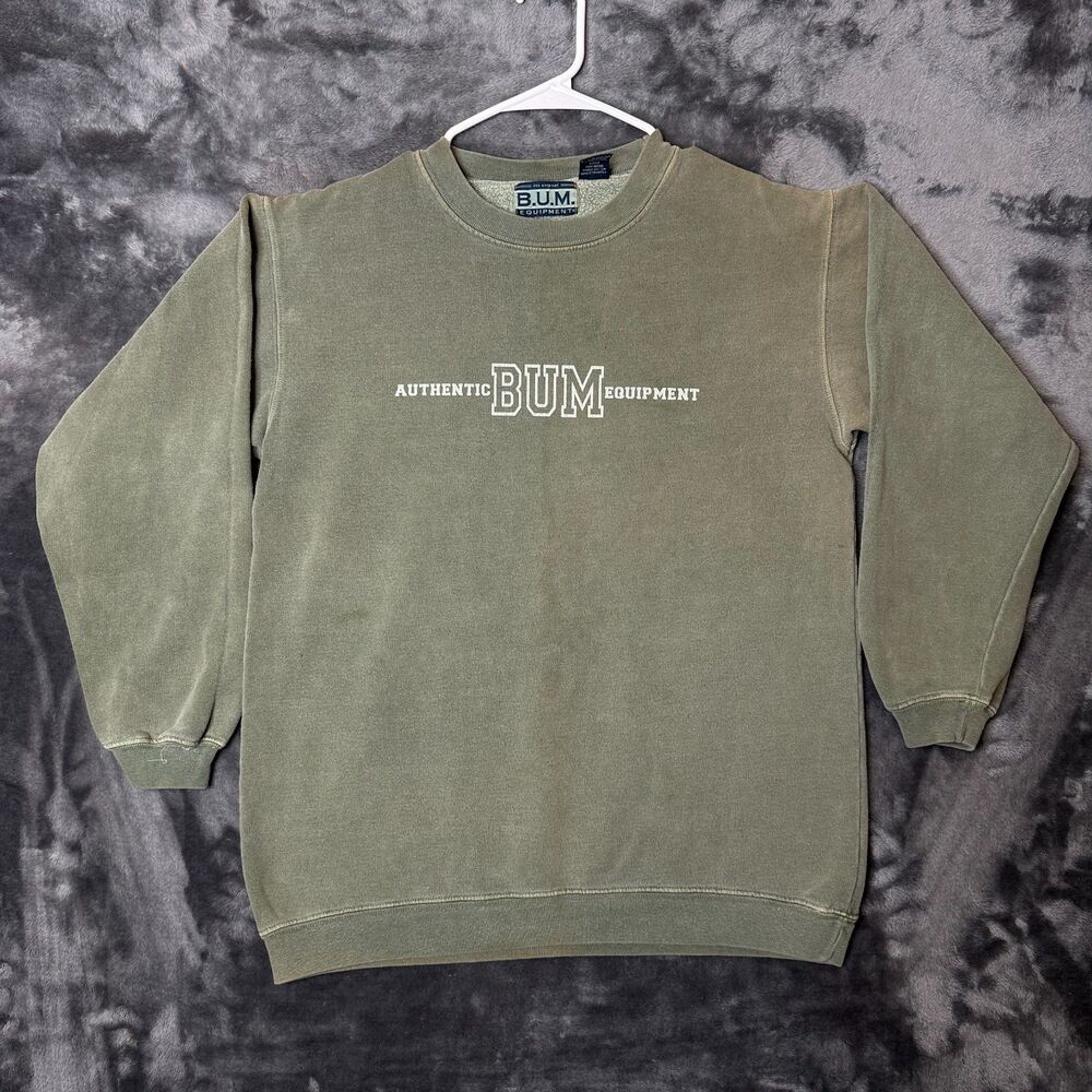 Vintage B.U.M Equipment Stone Wash Green Youth X-Large Pullover Sweater